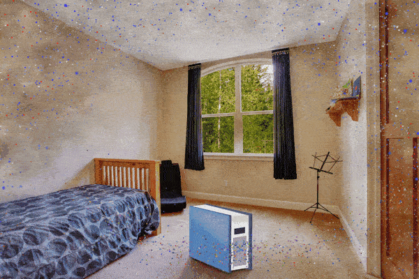 Animated visualization showing how air purifiers continuously remove airborne particles from indoor spaces.

“Air cleaner removing particles in a small room” by the EPA is part of the public domain.