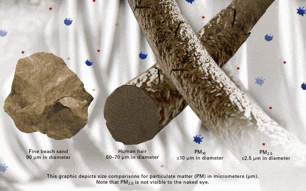 Diagram showing the micron diameter of human hair (50-70), fine beach sand (90), PM10 (10), PM 2.5 (2.5)

